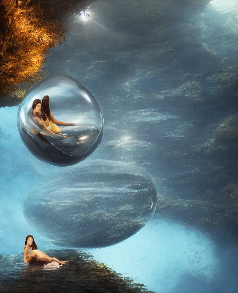 a girl sitting in a large glass egg - shaped submersible, surrounded by a deep exotic underwater canyon kelp forest, by noriyoshi ohrai, ron walotsky, ralph mcquarrie, soft natural volumetric lighting, realistic 4 k unreal engine 5 beautifully detailed render, 4 k post processing 