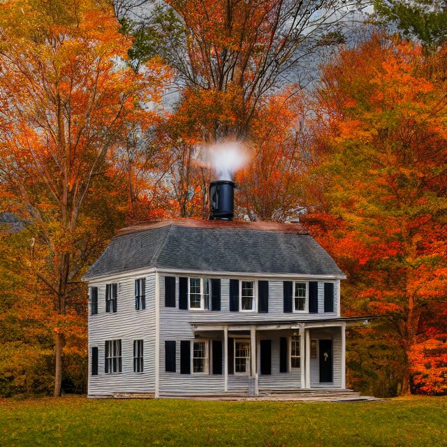 realistic wooden colonial new england house, maple tree in yard, large chimney, lights on inside, fall foliage, vermont mountain background, light cinematic, volumetric, realistic, cinematic lighting, ray tracing, unreal engine 5, octane render, hyper realistic, 8 k 