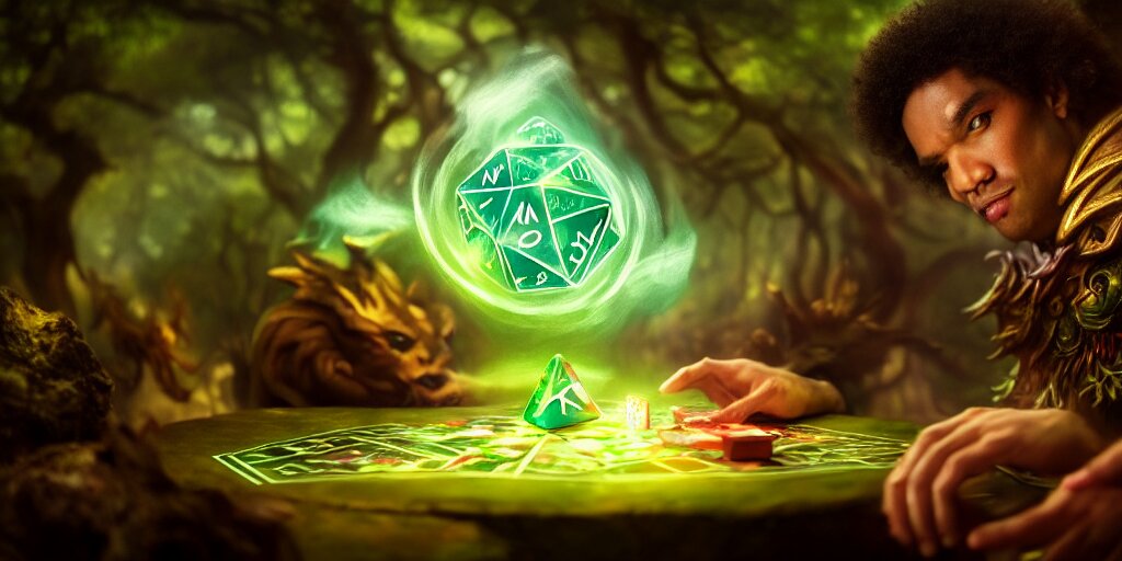 magic : the gathering art of a mythical forest god rolling a d 6 dice, glowing energy, fantasy magic, by willian murai and jason chan, sharp focus, cinematic, rule of thirds, foresthour 