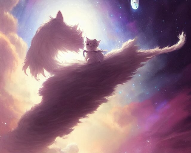 one cartoonish kitty dressed as Gandalf floating alone in space, bright stars, anime, a fantasy digital painting by Greg Rutkowski and James Gurney, trending on Artstation, highly detailed