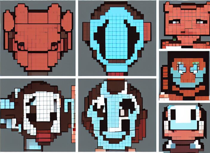 a 3 - by - 3 grid of 9 framed closeup face portraits of cute evil robots, in the style of mega man. 