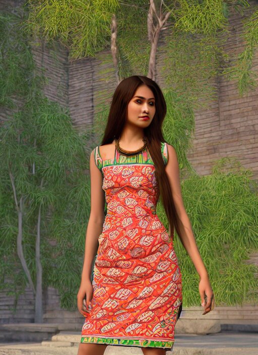 beautiful summer assamese mekehela bihu style floral gamosa dress ; flirtatious, boho - chic, sleeveless, elegant, short skirt length, slimmer demeanor, plethora of colors ; mini dress, highly detailed cute face by wlop ; octane render, unreal engine 5, trending on artstation, 8 k high resolution, global illumination ray tracing ; symmetrical, cinematic, high coherence, hdr fabric textures 