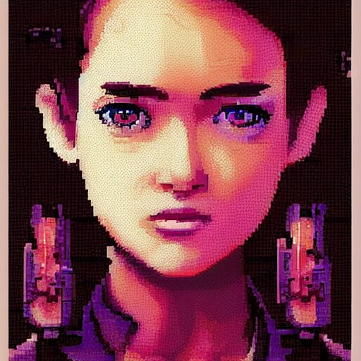 A pixel art, pointillisme potrait of a cyberpunk cyborg girl with big and cute eyes, fine-face, realistic shaded perfect face, fine details. Very anime style. Realistic shaded lighting poster by Ilya Kuvshinov katsuhiro, magali villeneuve, artgerm, Jeremy Lipkin and Michael Garmash, Rob Rey and Kentarõ Miura style, trending on art station