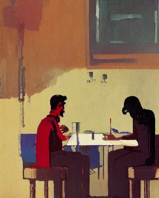 a man and a woman sitting at a table, a screenshot roman muradov and paul lehr and dan mumford, trending on pinterest, barbizon school, movie still, hall of mirrors, filmic 