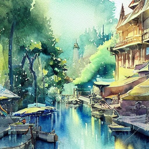 Beautiful happy picturesque charming sci-fi town in harmony with nature. Beautiful light. Water and plants. Nice colour scheme, soft warm colour. Beautiful detailed artistic watercolor by Vincent. (2022)