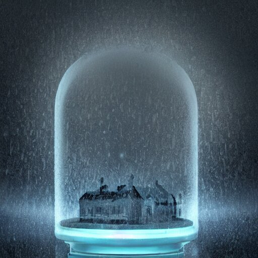 a rainstorm inside a snowglobe. Beautiful colorful clouds in moody greys and blues. High quality digital art, trending on artstation