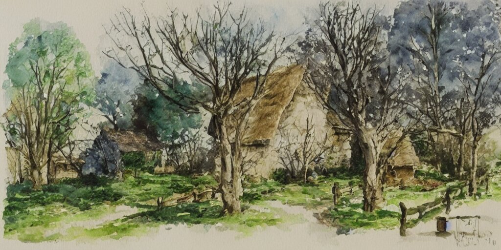 old thatched cottage with a front garden among the trees, watercolor 