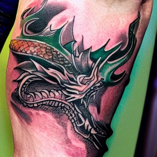 Arm tatoo of a dragon starting from the elbow, wrapping around the wrist in a downward spiral, emerald placed inside of the dragons mouth