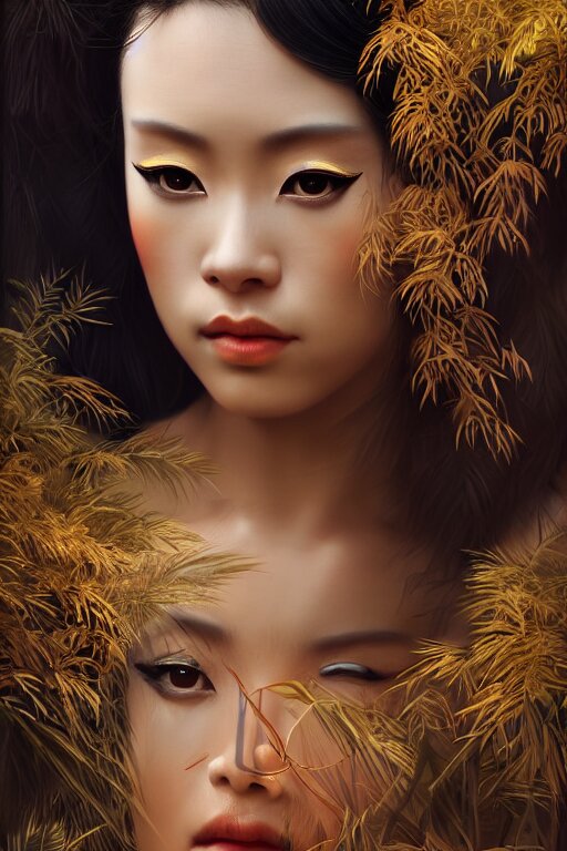 stunningly beautiful, peruvian geisha prima ballerina in jungle, symmetrical face, golden hour, smooth, focus, highly detailed, hyper realistic, dramatic lighting, elegant, intricate, concept art, art by wlop, mars ravelo, greg rutowski, artstation 