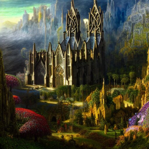 a beautiful and highly detailed matte painting of a beautiful cathedral in a magical fantasy valley in the mountains, psychedelic trees and plants and flowers, celtic vegetation, epic scale, insanely complex, hyperdetailed, sharp focus, hyperrealism, artstation, cgsociety, 8 k, bright colors, by caspar friedrich, albert bierstadt, james gurney, brian froud, 