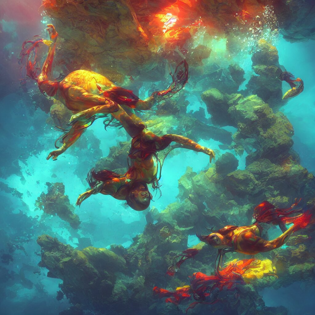 man underwater floating, vivid colors, sharp focus, digital art, Unreal Engine, Dramatic Lighting by Brom, trending on Artstation