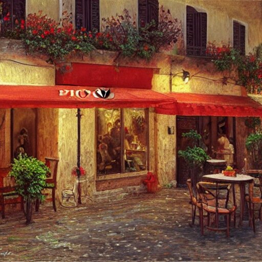 a traditional pizzeria in the street of a small village on the riviera. a terrace in the shade of a hundred - year - old olive tree, a friendly atmosphere around pizzas and rose wine. dolce vita. unreal engine rendering, hyper realist, ultra detailed, oil painting, warm colors, happy, impressionism, da vinci, 