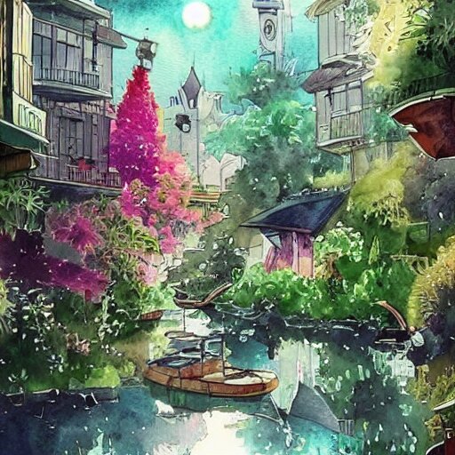 Beautiful happy picturesque charming sci-fi town in harmony with nature. Beautiful light. Water and plants. Nice colour scheme, soft warm colour. Beautiful detailed watercolor by Vincent. (2022)