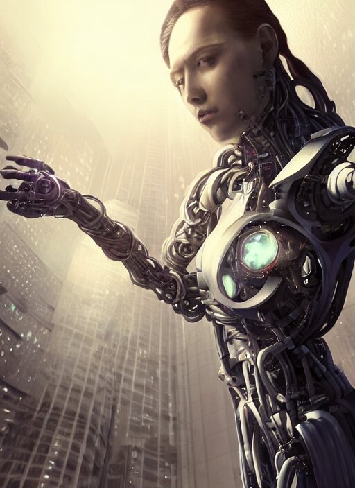 Ultra realistic full shot of a cyborg woman in a glass cylinder with electrical cables cables and mechanical arms that fix it., cyberpunk,sci-fi, fantasy,Kodak , soft light, volumetric lighting, ,night, fog ,smoke, intricate, elegant, highly detailed, digital painting, artstation, concept art, smooth, sharp focus, illustration,art by artgerm and greg rutkowski and alphonse mucha