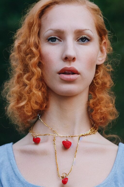 vintage photograph of an olive skinned female model with strawberry blonde hair in her twenties, her hair pinned up, wearing a designer top and one gold standard chain necklace, looking content, focused on her neck, photo realistic, extreme detail skin, natural beauty, no filter, slr, golden hour, 4 k, high definition, selfie 