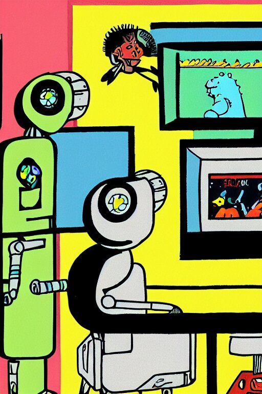 an illustration of robots watching tv in the style of goodnight moon by margaret wise brown 