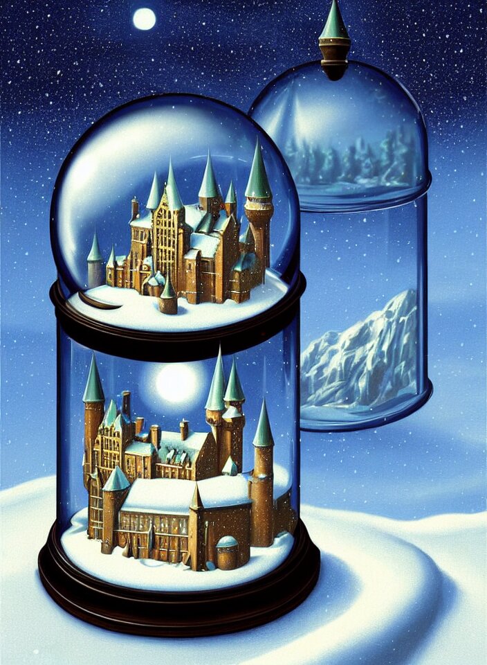 an achingly beautiful print of one snow globe with hogwarts inside by raphael, hopper, and rene magritte. detailed, proportional, romantic, vibrant, enchanting, trending on artstation 