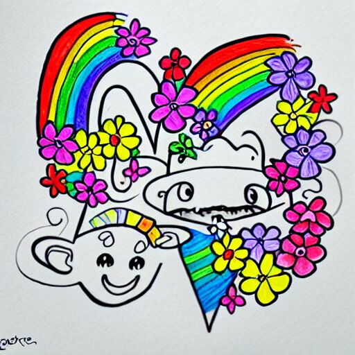 fun doodle characters, flowers, rainbows, drawn with a black 0. 3 mm fineliner on a white paper 