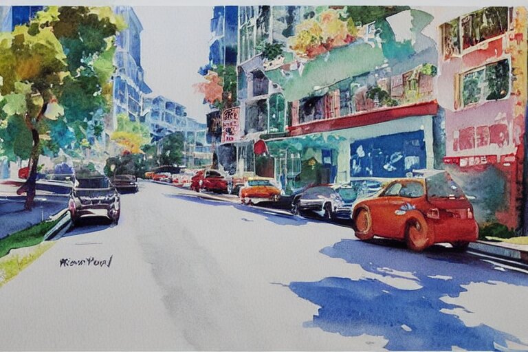 !! watercolor!! penang road in a sunny day, artwork by tooth wu, colorful contrast,!!!! very coherent!!!!, dark shadow, thick lineart 