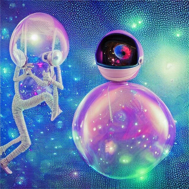 realistic extremely detailed  photo style  painting of a bifurcated astronaut eva suit covered in  diamond 3d fractal lace iridescent bubble 3d skin +, camera appendage stalks+helmet clear brain case see through ,in a jumping float pose inside of a futuristic space station blobby holograpic shrink wrap bubble,
,opal ruby diamond iridescent fractal lace bubble materials,alternate reality ceramic age,
monolithic retro futuristic ,water , by style hybrid mix of beeple+Anton Pieck+Jean Delville+ Amano,Yves Tanguy+ Alphonse Mucha+ Ernst Haeckel+ Edward Robert Hughes+Stanisław Szukalski covered with compound eye camera lenses,neutron,
rich moody colors,diamond dust glitter and sparkles, granular detail,holographic krypton ion,blue eyes,octane render,4k,
f32,55mm photography,wide angle ,jumping float Pose,full shot,  