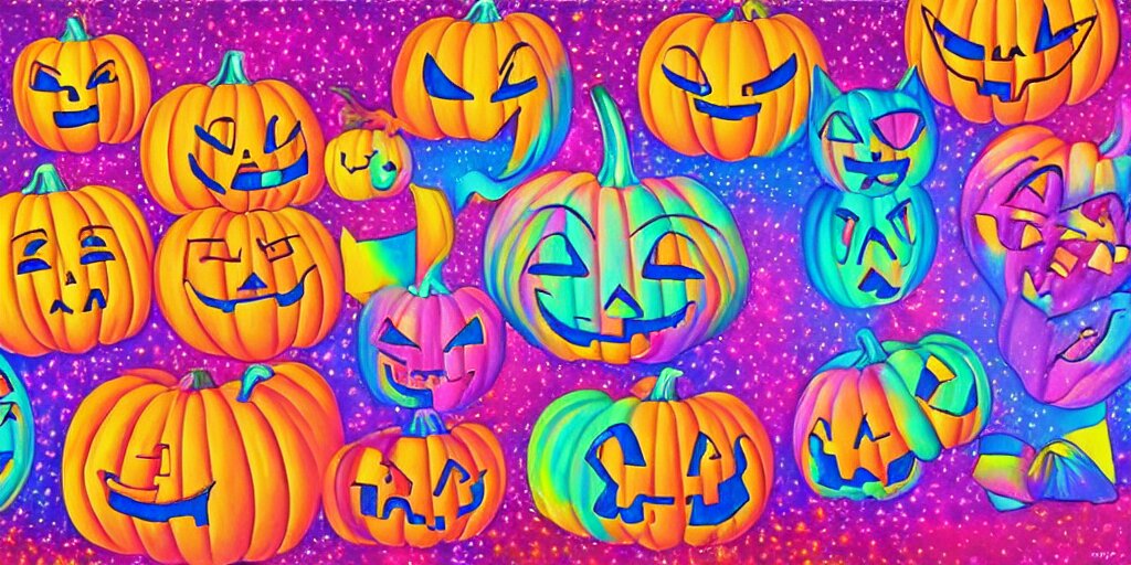 lisa frank painting carved pumpkin faces, textured canvas, kawaii holographic, detailed facial expression, surrealism aesthetic 