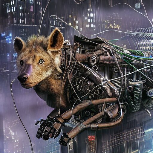 robotic cyberpunk hyena, many wires and metal exposed, realistic photo, bladerunner 