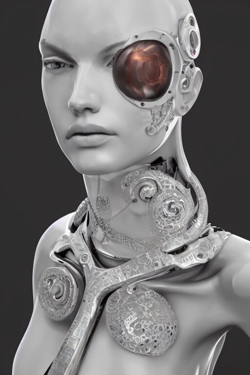 white cyborg fashion shot, copper spiral decorations, white elegant baroque design, smooth heads, headshot half figure, photorealistic, 8k, hyper detailed, unreal engine, trending on artstation,