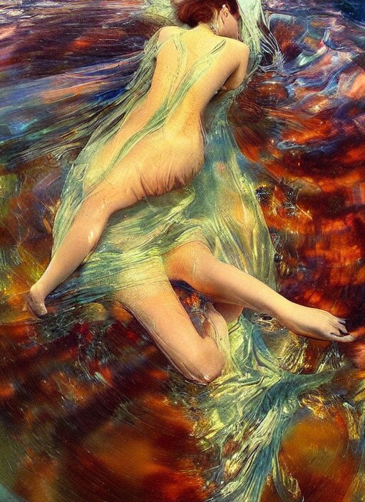 girl in a long dress swimming underwater, caustics, surreal underwater photography, oil painting by Boldini