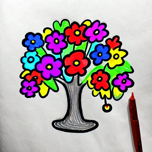 fun doodle characters, flowers, rainbows, drawn with a black 0. 3 mm fineliner on a white paper 