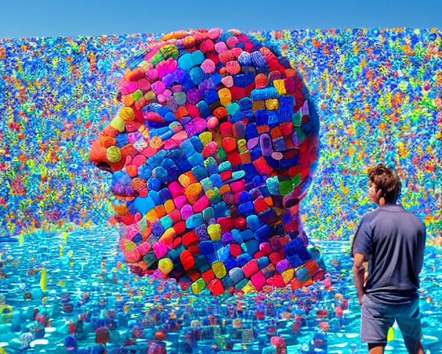 a long shot of a giant award winning sculpture made out of tons of hundreds of pool toys in the shape of a human head, on the surface of the ocean, in the style of chad knight, hyper detailed, hyper realistic, ray tracing, 8 k resolution, sharp focus, realistic water 