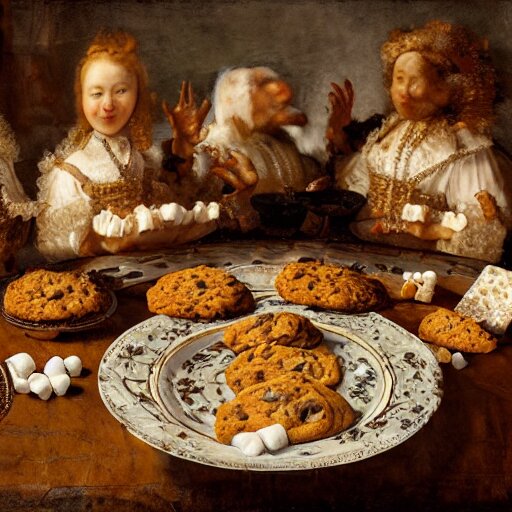 opulent banquet of plates of freshly baked chocolate chip cookies, delicious, glistening, chocolate sauce, marshmallows, highly detailed, food photography, art by rembrandt 