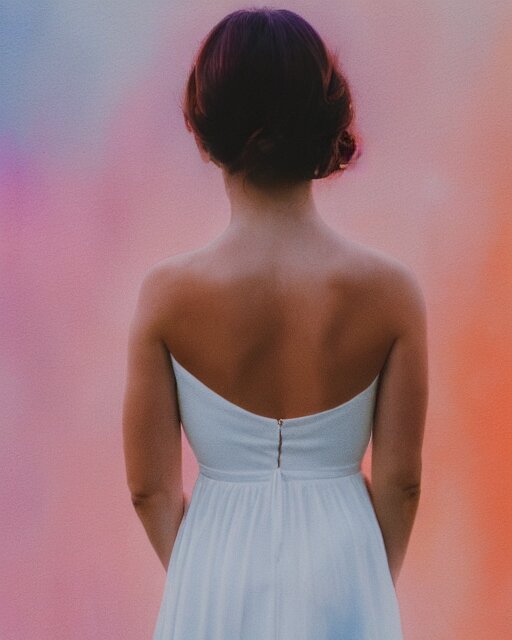 watercolor picture of a beautiful young woman in white dress, from the back, looking at the camera, high key, 8k