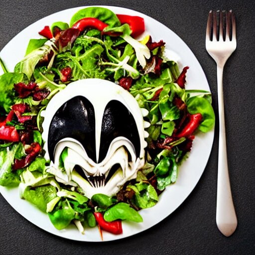 a plate of food made of salad and huge alien xenomorph, award winning photographer, food photography 