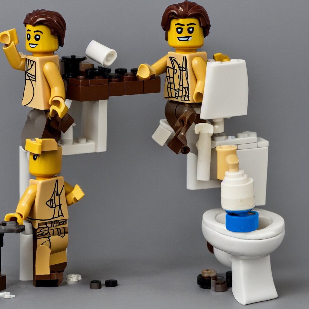 a lego figure of a man, sitting on a toilet with his pants down. there is a stream of lego bricks coming out of his behind 