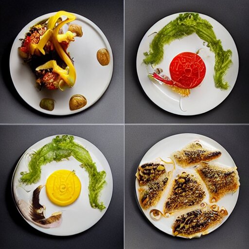 a meal of rather weird and slightly disgusting, but also futuristic designer food, food photography