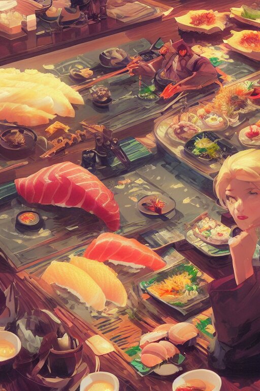 sushi, tooth wu, dan mumford, beeple, wlop, rossdraws, james jean, marc simonetti, artstation giuseppe dangelico pino and michael garmash and rob rey and greg manchess and huang guangjian and makoto shinkai 