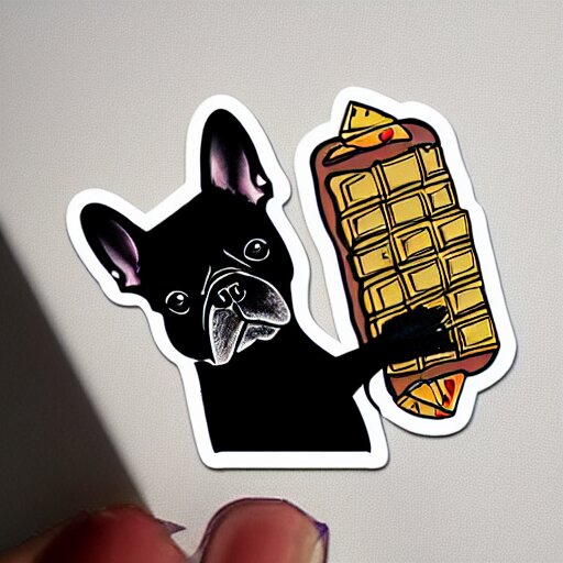 sticker art of a french bulldog in a suit eating a candy bar with a fork and knife at a fancy restaurant by ed roth 