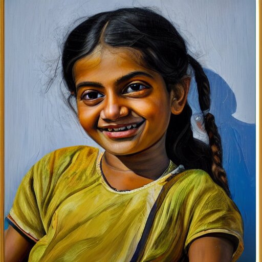 high quality high detail painting by lucian freud, hd, smiling cute indian girl portrait, photorealistic lighting 