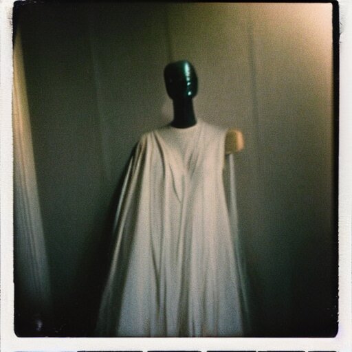 a mannequin at the top of a dark stairwell, abandoned, creepy, eerie, scary, old polaroid, expired film, out or focus, 