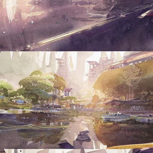 Beautiful happy picturesque charming sci-fi town in harmony with nature. Beautiful light. Water and plants. Nice colour scheme, soft warm colour. Beautiful detailed artistic watercolor by Vincent Bons. (2022)