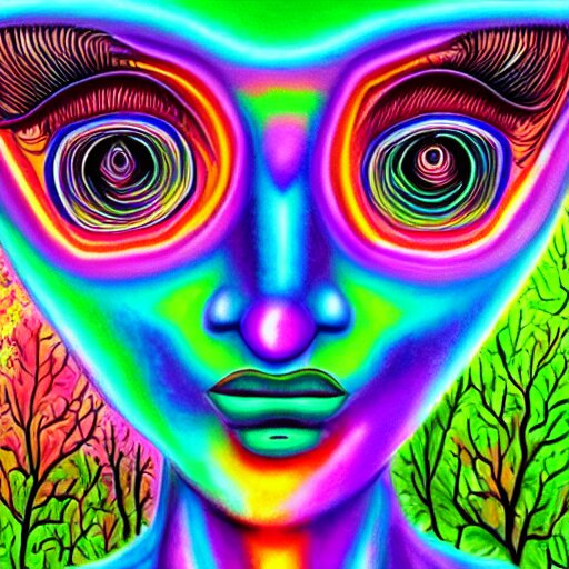 a digital painting close shot of an alien pondering into your soul, green trees in the background, alex grey, lisa frank, colorful, vibrant,