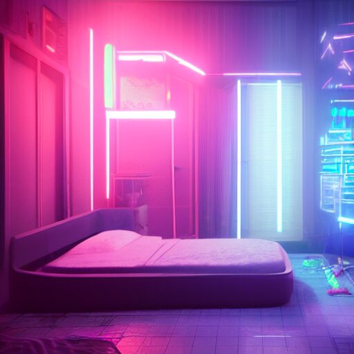 « inside a girl room, cyberpunk vibe, neon glowing lights, sharp focus, photorealistic, unreal engine 5, girl in the bed, window that shows the skyscrapers in the background » 