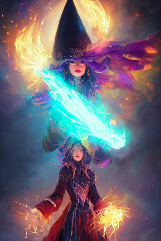 a fancy portrait of a beautiful dark magician girl with a large witches hat covered in colourfull flames by Greg Rutkowski, Sung Choi, Mitchell Mohrhauser, Maciej Kuciara, Johnson Ting, Maxim Verehin, Peter Konig, final fantasy , mythical, 8k photorealistic, cinematic lighting, HD, high details, atmospheric,