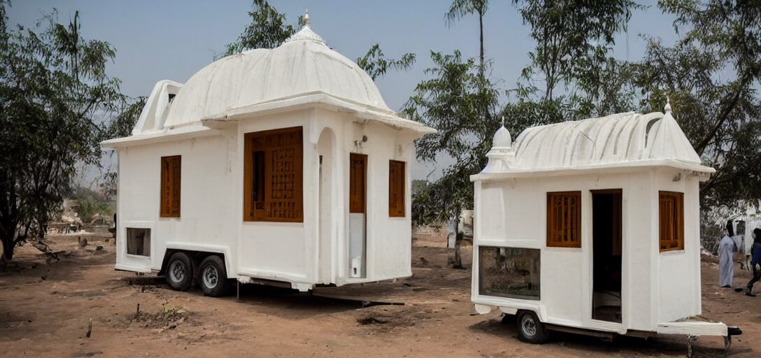 mughal - style white ivory tiny home on trailer with minarets in cyberpunk india 