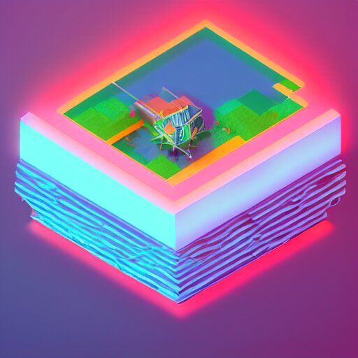 isometric floating island on neon background, isometric invironment, 3d art, isometric art, high detail, artstation, concept art, behance, ray tracing, smooth, sharp focus, ethereal lighting