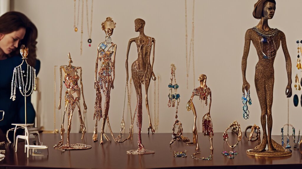 a woman made of jewelry stands in the living room, film still from the movie directed by Denis Villeneuve with art direction by Salvador Dalí, wide lens, 4K, realistic