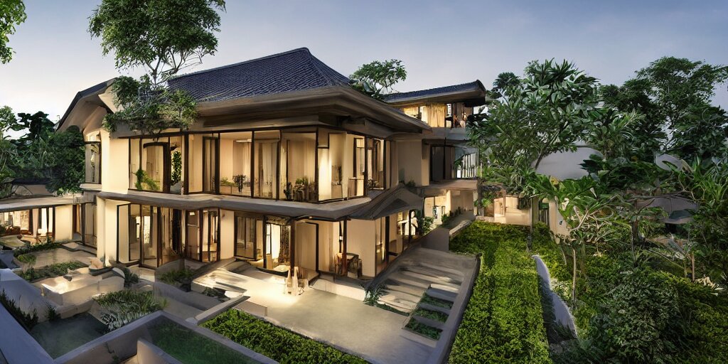 3d rendering  of beautiful nature meets architecture concept of a residential house. balinese architecture, volumetric lighting, high detail, 14mm,  glass railing, outdoor staircase, terraces, roof garden, cinematic photography, cg architects,  high resolution