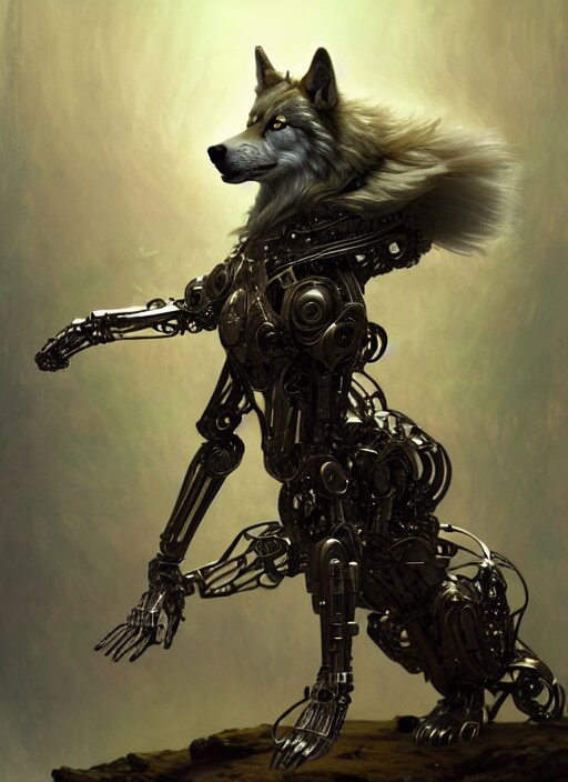 organic cyborg wolf, full body, diffuse lighting, fantasy, intricate, elegant, highly detailed, lifelike, photorealistic, digital painting, artstation, illustration, concept art, smooth, sharp focus, art by John Collier and Albert Aublet and Krenz Cushart and Artem Demura and Alphonse Mucha