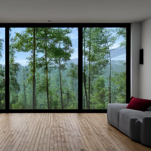 architecture render of a beautiful modern living room with wood floors, large windows with a beautiful view, an area rug, forest, mountains, realistic, hd, 8 k, digital rendering, unreal engine, blender, octane, maya 