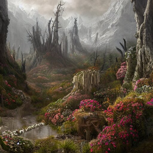 a beautiful and highly detailed matte painting of a dead fantasy floral garden in a empty forest in the dry valley high in the most epic mountains ever, intricate details, epic scale, insanely complex, 8 k, sharp focus, hyperrealism, very realistic, by caspar friedrich, greg rutowski, james gurney 